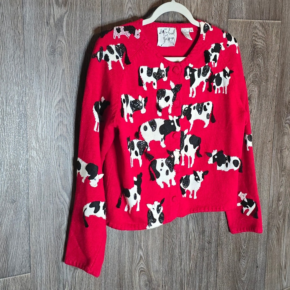Michael Simon Cow Print Beaded Cardigan Medium Red Womens Vintage 1998 Sweater - Picture 11 of 11